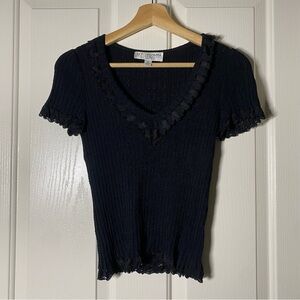 St. John Pointelle Ruffle Lace Knit Stretch Shirt Top Gothic Romantic Size Small